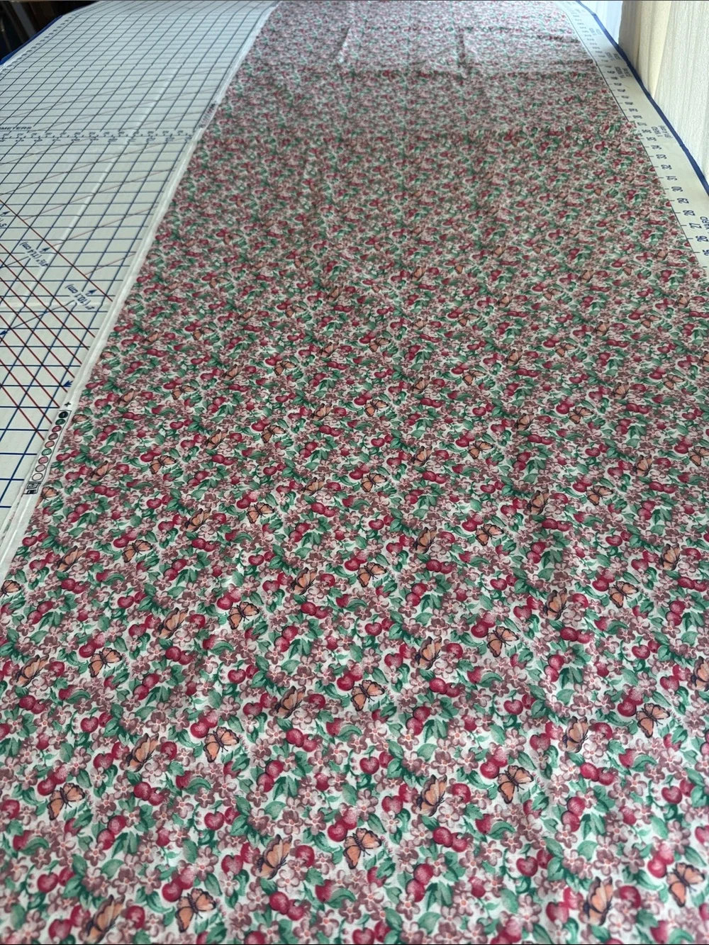 Vintage 1990s Cotton Blend Fabric 2 Yards x 44 Apple Floral Butterfly Print